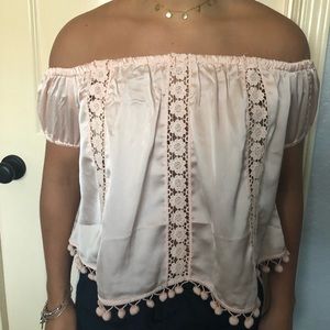 off shoulder lace pink top